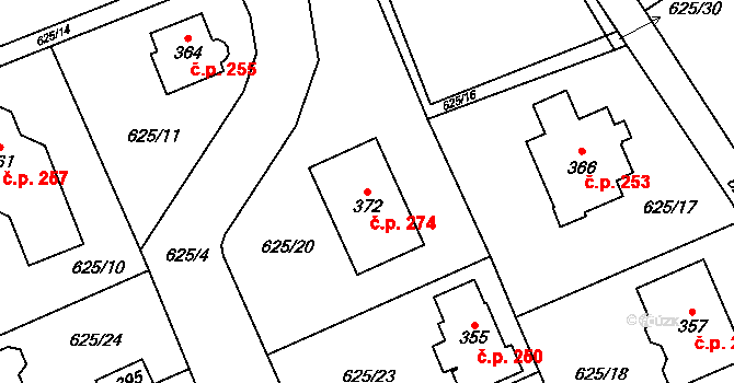 Kojetice 274 na parcele st. 372 v KÚ Kojetice u Prahy, Katastrální mapa
