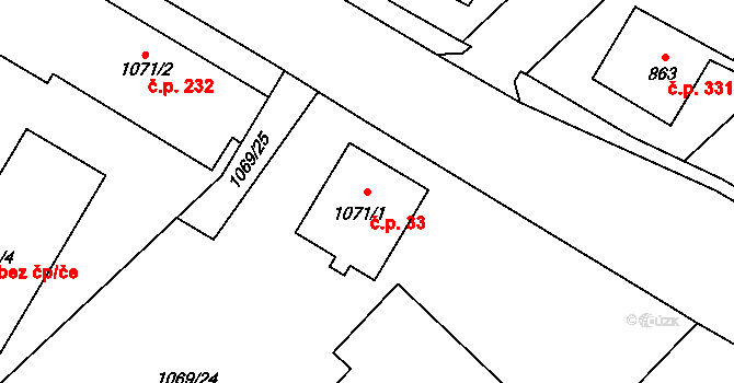 Měřín 33 na parcele st. 1071/1 v KÚ Měřín, Katastrální mapa
