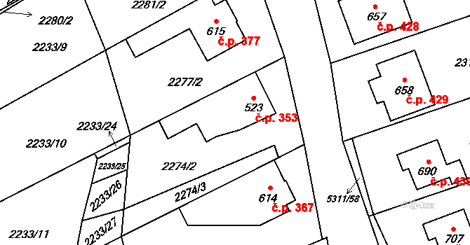 Štítná nad Vláří 353, Štítná nad Vláří-Popov na parcele st. 523 v KÚ Štítná nad Vláří, Katastrální mapa