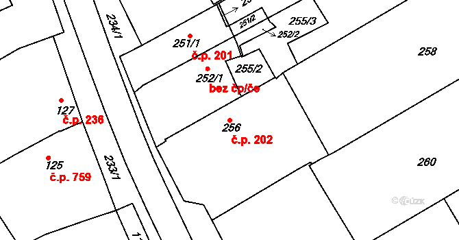 Buchlovice 202 na parcele st. 256 v KÚ Buchlovice, Katastrální mapa