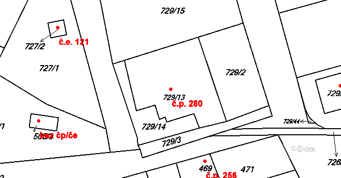 Olomučany 280 na parcele st. 729/13 v KÚ Olomučany, Katastrální mapa
