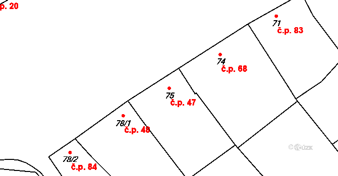 Chvalnov 47, Chvalnov-Lísky na parcele st. 75 v KÚ Chvalnov, Katastrální mapa