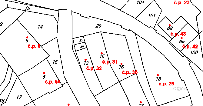Hamry 31, Plumlov na parcele st. 15 v KÚ Hamry, Katastrální mapa