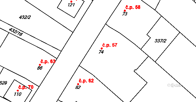 Křepice 57 na parcele st. 74 v KÚ Křepice, Katastrální mapa