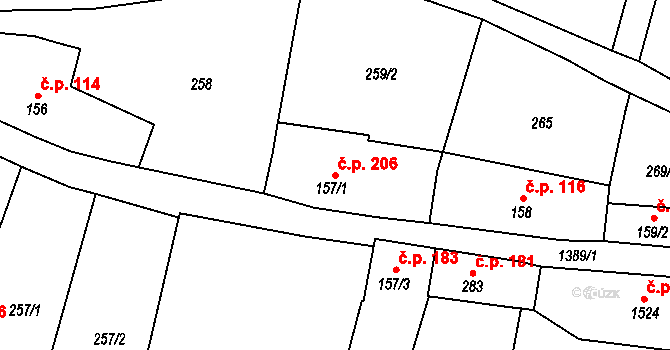 Vranov nad Dyjí 206 na parcele st. 157/1 v KÚ Vranov nad Dyjí, Katastrální mapa