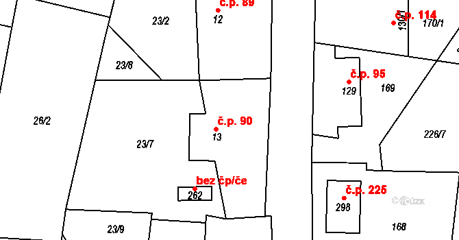 Mcely 90 na parcele st. 13 v KÚ Mcely, Katastrální mapa