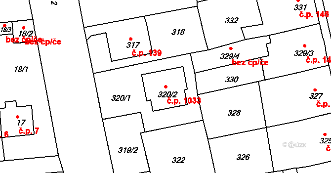 Pod Cvilínem 1033, Krnov na parcele st. 320/2 v KÚ Opavské Předměstí, Katastrální mapa