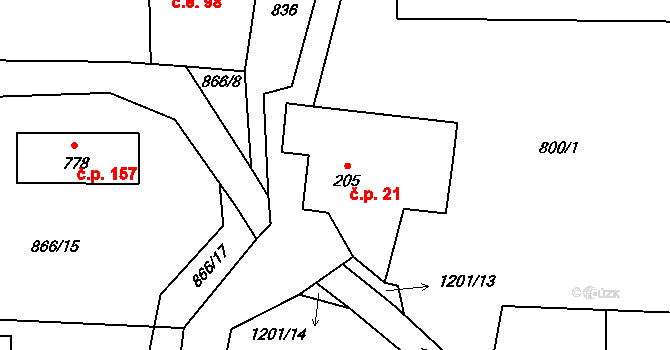 Dolní Sklenov 21, Hukvaldy na parcele st. 205 v KÚ Sklenov, Katastrální mapa