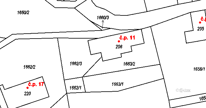 Filipovka 11, Višňová na parcele st. 206 v KÚ Andělka, Katastrální mapa