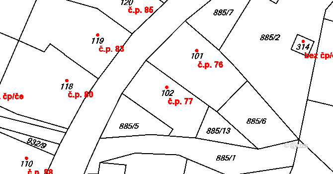 Slavkov pod Hostýnem 77 na parcele st. 102 v KÚ Slavkov pod Hostýnem, Katastrální mapa