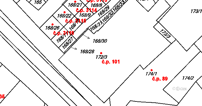 Milovice 101 na parcele st. 172/3 v KÚ Milovice nad Labem, Katastrální mapa