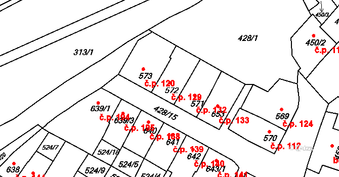 Stařečka 129, Třebíč na parcele st. 572 v KÚ Třebíč, Katastrální mapa