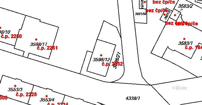 Teplice 2332 na parcele st. 3598/12 v KÚ Teplice, Katastrální mapa
