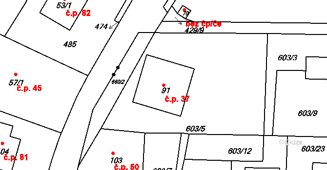 Dolní Přím 37 na parcele st. 91 v KÚ Dolní Přím, Katastrální mapa