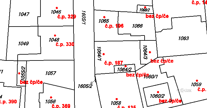 Řeporyje 187, Praha na parcele st. 1064/1 v KÚ Řeporyje, Katastrální mapa