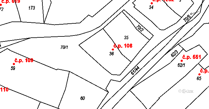 Mutěnice 108 na parcele st. 36 v KÚ Mutěnice, Katastrální mapa