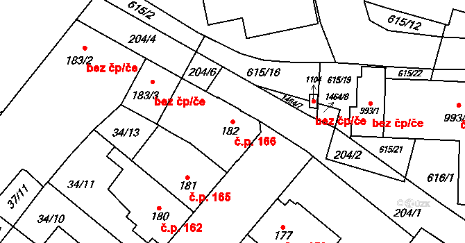 Bělidla 166, Olomouc na parcele st. 182 v KÚ Bělidla, Katastrální mapa