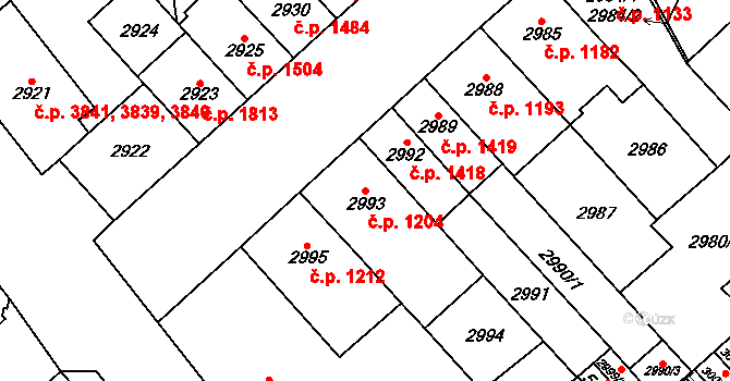 Chomutov 1204 na parcele st. 2993 v KÚ Chomutov I, Katastrální mapa