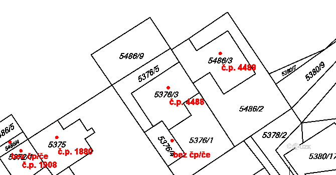 Chomutov 4488 na parcele st. 5376/3 v KÚ Chomutov I, Katastrální mapa
