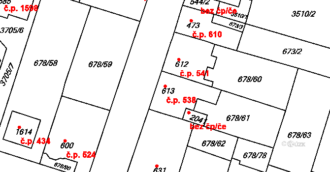 Rosice 538 na parcele st. 613 v KÚ Rosice u Brna, Katastrální mapa