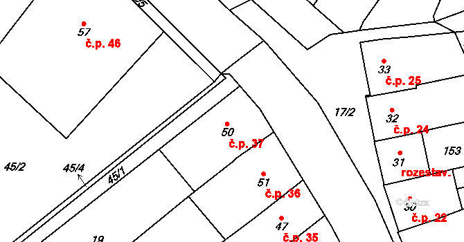 Čechůvky 37, Prostějov na parcele st. 50 v KÚ Čechůvky, Katastrální mapa