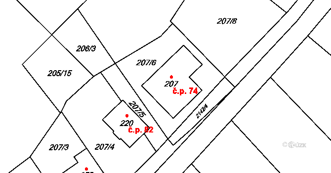 Řetechov 74, Luhačovice na parcele st. 207 v KÚ Řetechov, Katastrální mapa