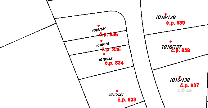 Čimice 834, Praha na parcele st. 1016/142 v KÚ Čimice, Katastrální mapa