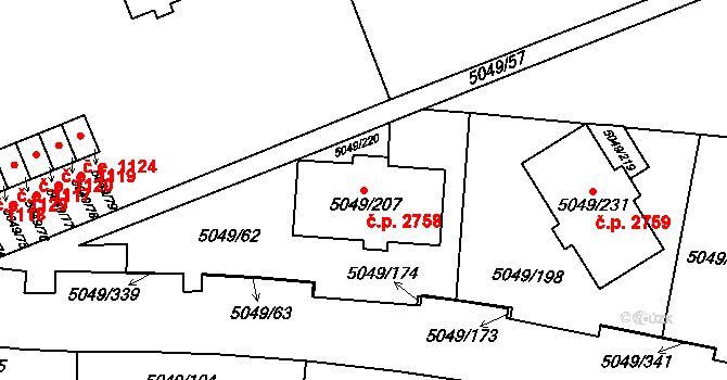 Líšeň 2758, Brno na parcele st. 5049/207 v KÚ Líšeň, Katastrální mapa