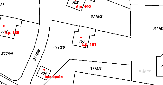 Koberovy 191 na parcele st. 757 v KÚ Koberovy, Katastrální mapa