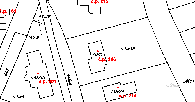 Šebrov 216, Šebrov-Kateřina na parcele st. 445/30 v KÚ Šebrov, Katastrální mapa