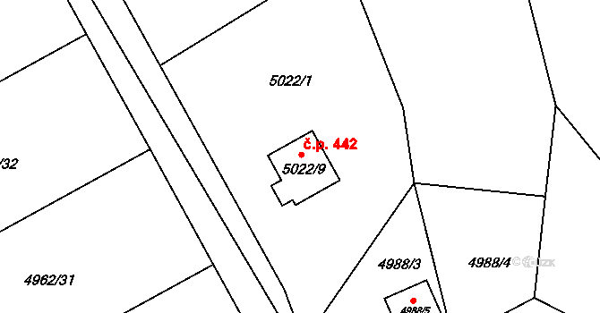 Lískovec 442, Frýdek-Místek na parcele st. 5022/9 v KÚ Lískovec u Frýdku-Místku, Katastrální mapa