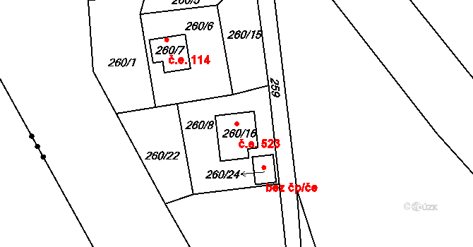 Tušimice 523, Kadaň na parcele st. 260/16 v KÚ Tušimice, Katastrální mapa