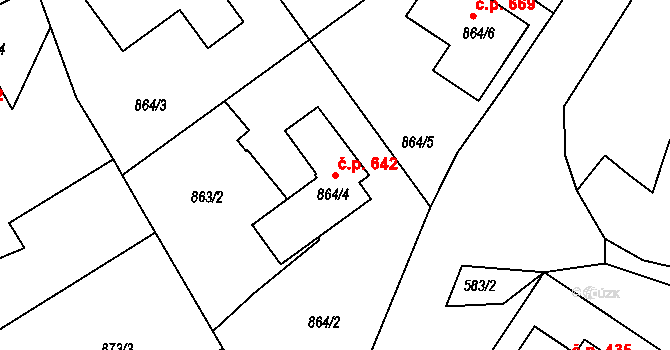 Štípa 642, Zlín na parcele st. 864/4 v KÚ Štípa, Katastrální mapa
