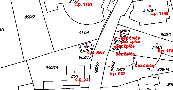 Malenovice 3567, Zlín na parcele st. 2293 v KÚ Malenovice u Zlína, Katastrální mapa