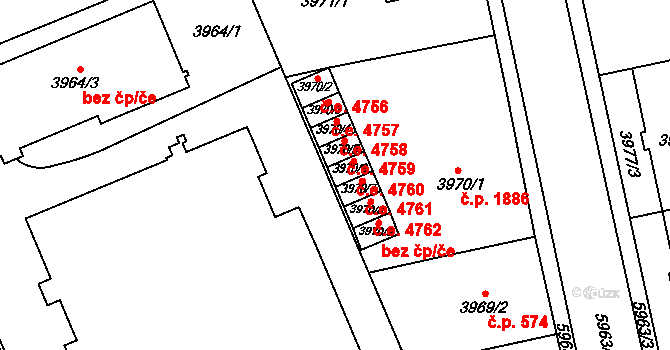 Jihlava 4760 na parcele st. 3970/6 v KÚ Jihlava, Katastrální mapa