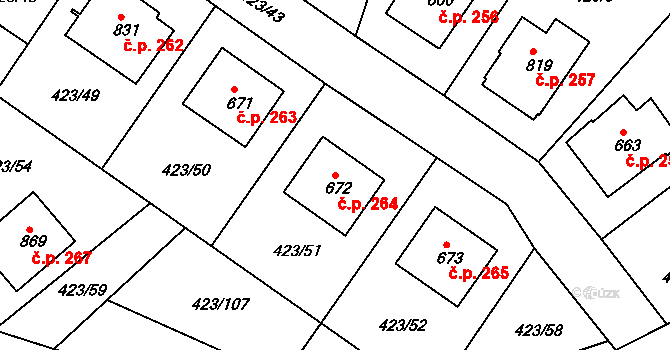 Prachovice 264 na parcele st. 672 v KÚ Prachovice, Katastrální mapa