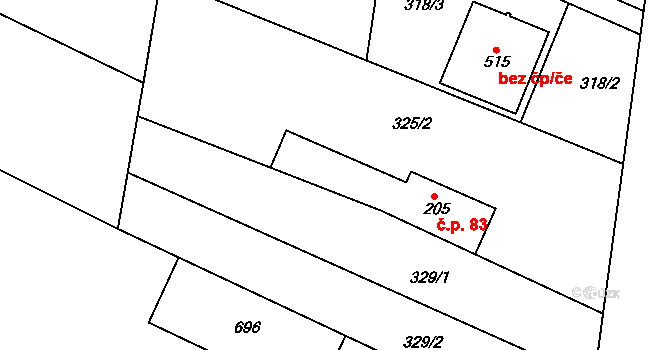 Byškovice 83, Neratovice na parcele st. 205 v KÚ Byškovice, Katastrální mapa