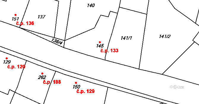 Ledce 133 na parcele st. 145 v KÚ Ledce u Plzně, Katastrální mapa