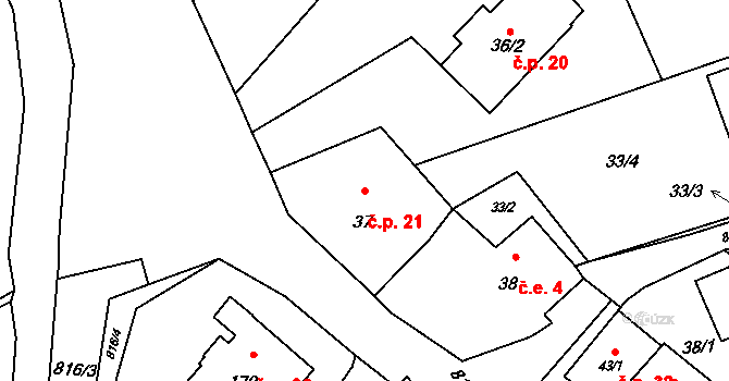 Brnířov 21 na parcele st. 37 v KÚ Brnířov, Katastrální mapa