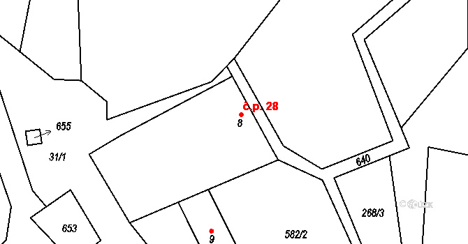 Travná 28, Horní Bradlo na parcele st. 8 v KÚ Travná u Horního Bradla, Katastrální mapa