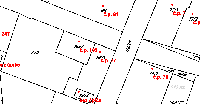 Břehy 77 na parcele st. 86/1 v KÚ Břehy, Katastrální mapa