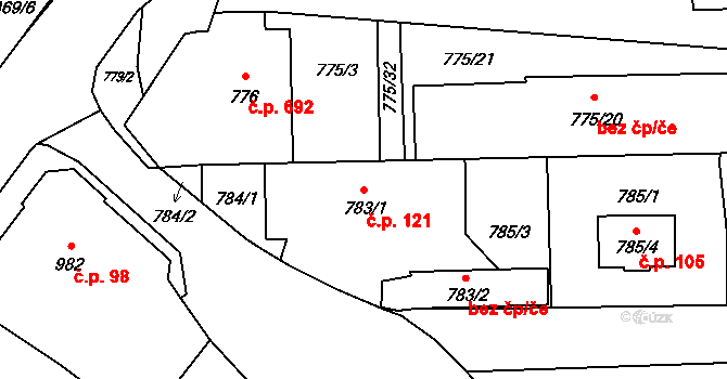 Postřelmov 121 na parcele st. 783/1 v KÚ Postřelmov, Katastrální mapa