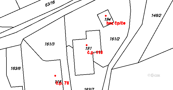 Hůrky 118, Lišov na parcele st. 181 v KÚ Hůrky u Lišova, Katastrální mapa