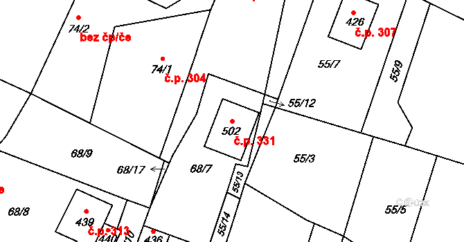 Kolešovice 331 na parcele st. 502 v KÚ Kolešovice, Katastrální mapa