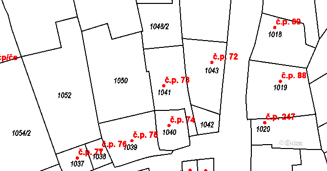 Plumlov 73 na parcele st. 1041 v KÚ Plumlov, Katastrální mapa