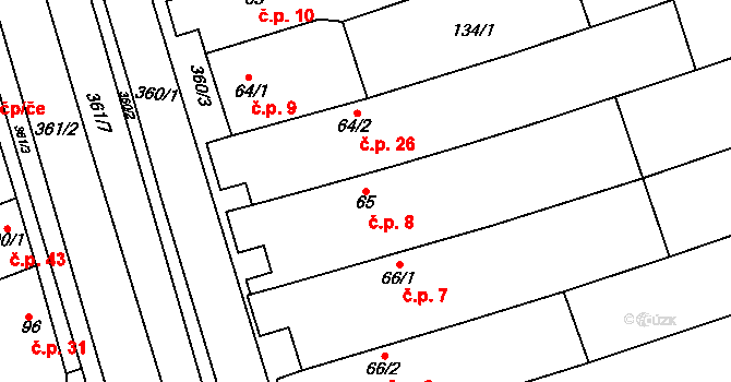 Kasárna 8, Znojmo na parcele st. 65 v KÚ Mramotice, Katastrální mapa