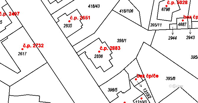 Jablonec nad Nisou 2883 na parcele st. 2836 v KÚ Jablonec nad Nisou, Katastrální mapa