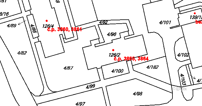Mšeno nad Nisou 3864,3865, Jablonec nad Nisou na parcele st. 126/2 v KÚ Mšeno nad Nisou, Katastrální mapa
