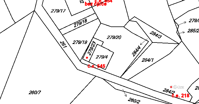 Plánička 545, Černá v Pošumaví na parcele st. 279/4 v KÚ Černá v Pošumaví, Katastrální mapa