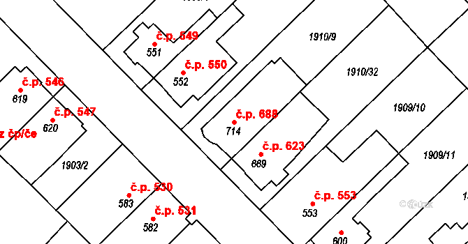 Tišnov 688 na parcele st. 714 v KÚ Tišnov, Katastrální mapa